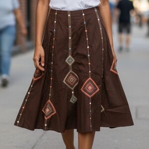 Elegant Brown A-Line Skirt with Embroidery 6804